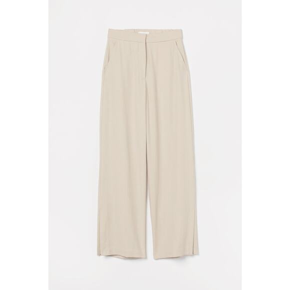 H&M Wide Leg Linen Blend Pants Sz L Beige Tan Side Slit Coastal Office Business - Picture 1 of 8